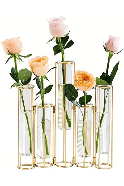 SKEIDO Test Tube Vase with 5 Test Tubes, Gold Metal Stand