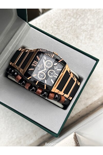 Reward Men's Watch, Steel-Silicone Band, Functions Active, Black Rose, with Calendar, in Stylish Box, Bracelet Gift