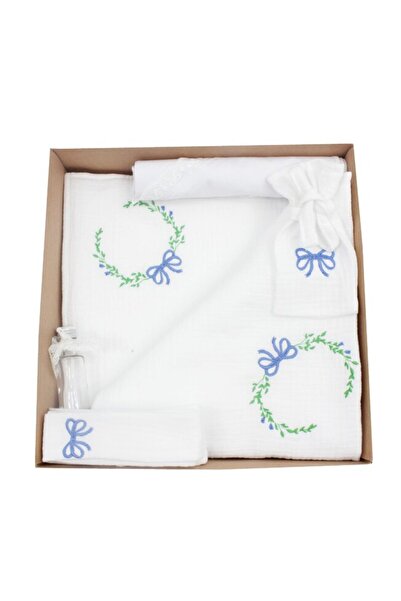 PRICHINDEL Set botez muselină, alb, 7 piese, brodat, fundă albastră