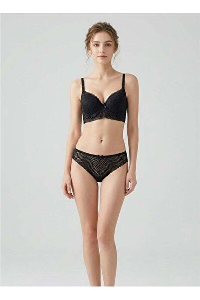 Comfort طقم حمالة صدر وسروال داخلي مبطن من الدانتيل للنساء - دانتيل أسود مزهر
