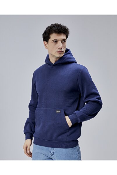 trender Hooded Kanguru Cep 3 İplik Ş Fleece-Lined Basic Men's Sweat 5281 Dark Blue