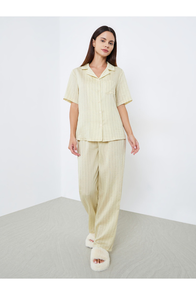 Styli Textured Striped Buttoned Viscose Shirt and Pyjama Set