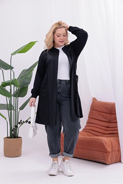 Siyezen Plus Size Zippered Cardigan with Mesh Pocket Detail and Rhinestones