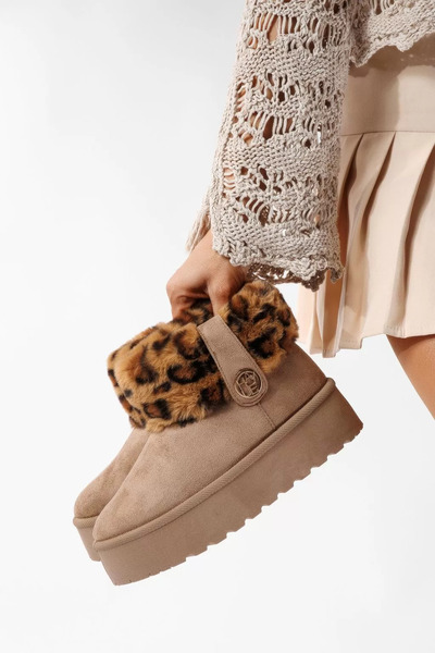 Zaira Cizme scurte dama imblanite tip Ug khaki din piele ecologica intoarsa B...