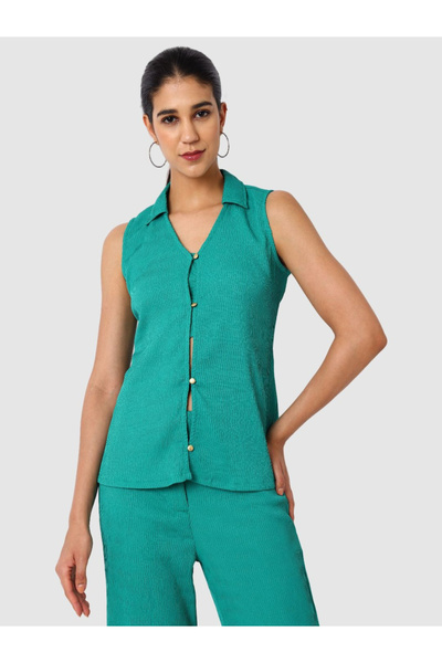 Freehand By Styli Green Textured Shirt and Trousers Co-ords