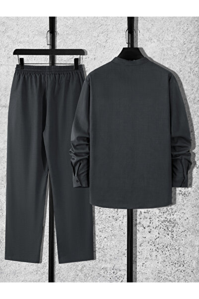 Take Two By Styli Men Grey Stand Collar Shirt and Pants Co-Ords