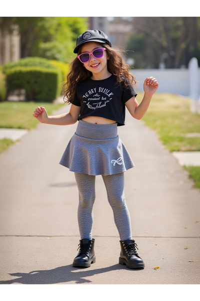 Take Two By Styli Solid Bow Printed Skirt with Leggings Set