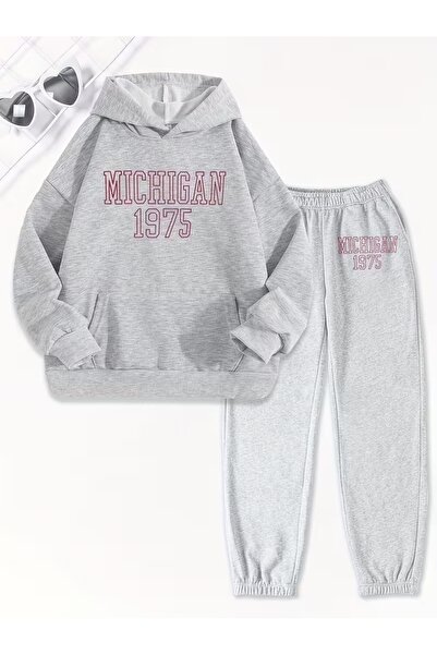AEMİ Unisex Gray Printed Hooded Sweatshirt and Jogger Sweatpants - Bottom Top Set