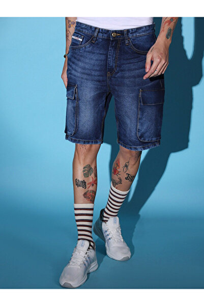 The Indian Garage Co By Styli Men Blue Acid Wash Denim Cargo Shorts