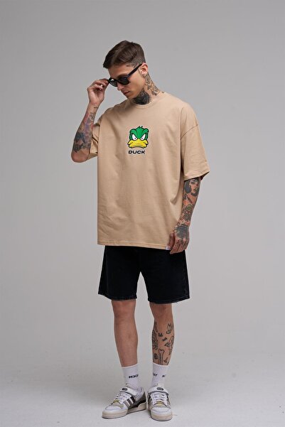 Machinist Unisex Oversized Duck Printed Cotton T-Shirt Beige