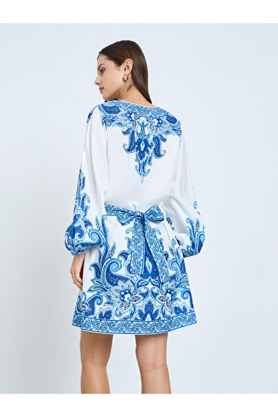 Take Two By Styli Blue Floral Printed Balloon Sleeve Mini Dress