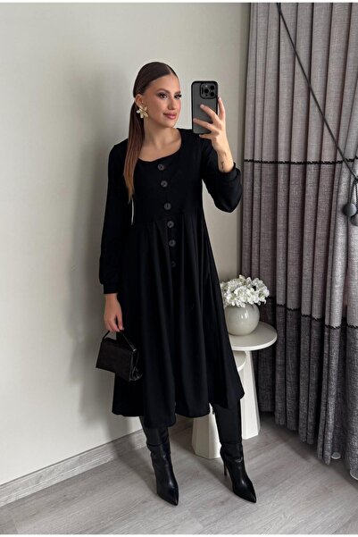 Miasista Pileli Düğmeli Midiboy Elbise