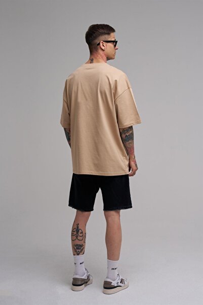 Machinist Unisex Oversized Duck Printed Cotton T-Shirt Beige