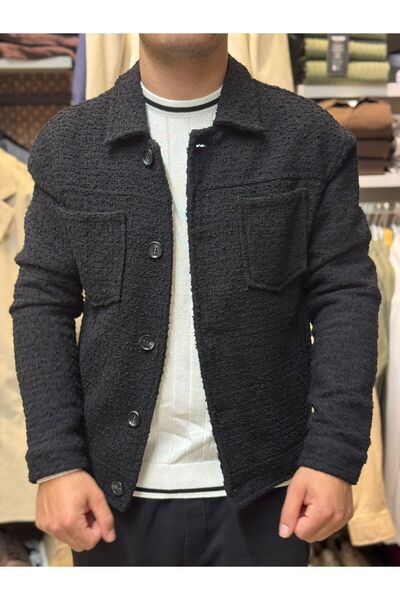 zibaroom Erkek Kaşmir Gömlek Yaka Çift Cep Standart Fit Dokuma Ceket