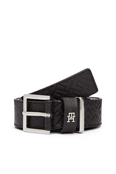 Tommy Hilfiger Women Black Monogram Square Buckle Leather Belt