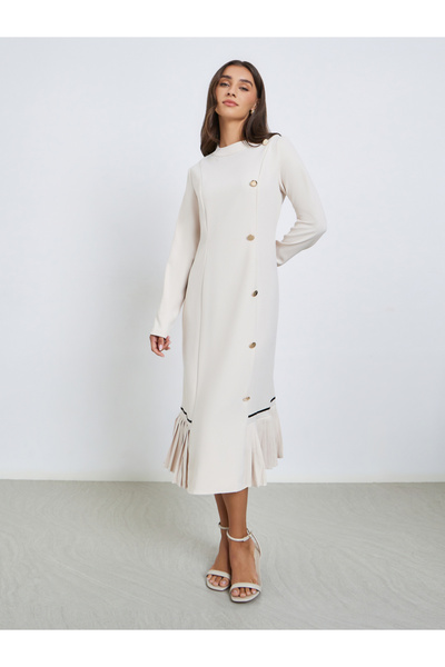 Styli Off White Ruffled Hem Buttoned Midi Dress