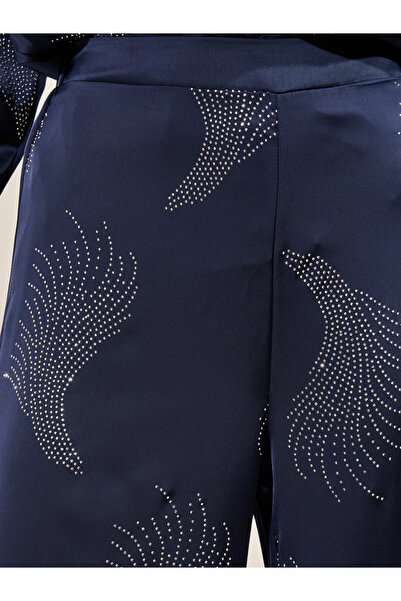 Styli Navy Blue Embellished Wide Leg Trousers