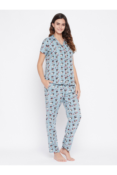 Clovia By Styli Printed Button Down Sleep Shirt and Pyjama Set