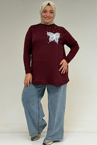 Eslina 58172 Plus Size Stone Print Detailed Crystal Tunic - Burgundy