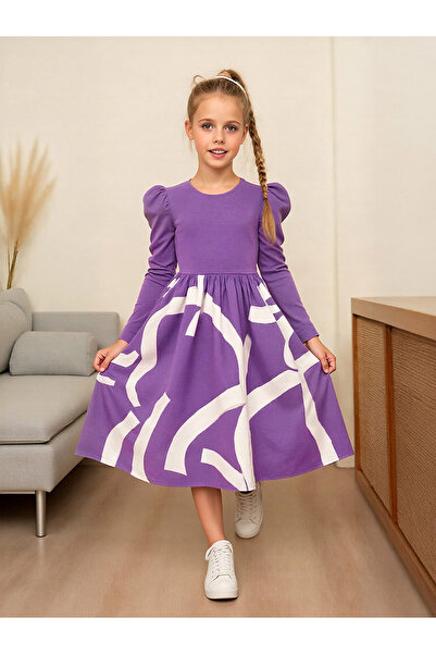 Take Two By Styli Girls Purple Contrast Print Puff Sleeve Dress