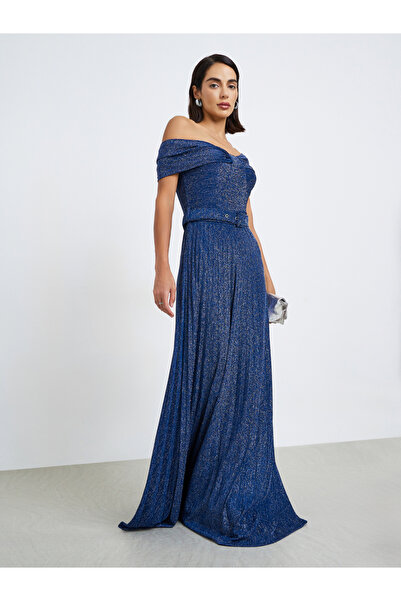 Styli Navy Bardot Shimmer Party Maxi Dress