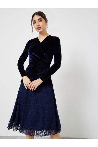 Styli Velvet Lace Hem Wrap Detail Midi Dress