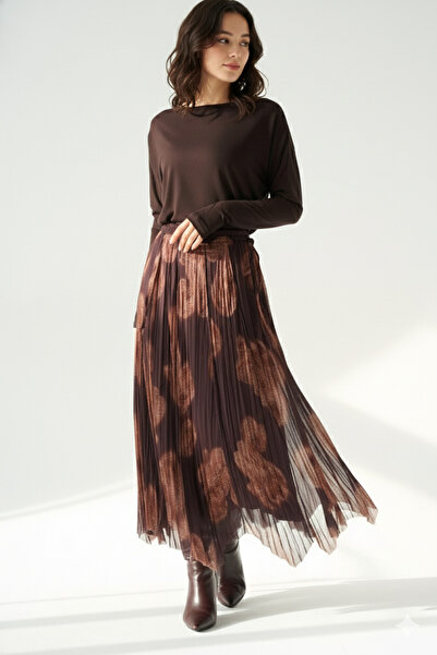 My Blog Brown Ethnic Patterned Lined Chiffon Skirt - 251102