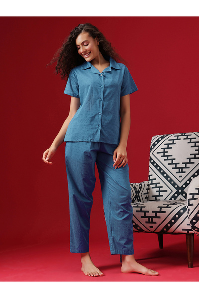 Clovia By Styli Dobby Weave Buttoned Shirt and Pyjama Set