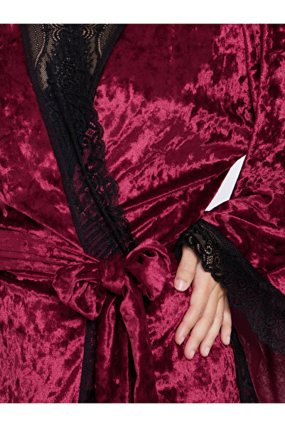 Styli Crushed Velvet Flared Sleeves Robe with Contrast Lace Trim