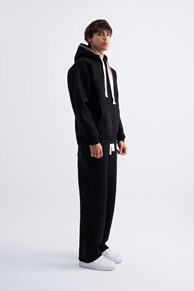 Machinist Ανδρικό κορδόνι με κέντημα με λεπτομέρεια φαρδύ επένδυση fleece αθλητικό παντελόνι μαύρο