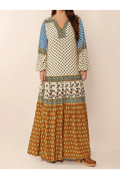 Take Two By Styli Women Bohemian Print Color Block Maxi Dress