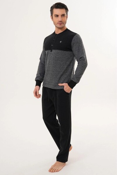 PREGNANT WORLD Men's Grey-Black Design Thessaloniki Fabric Winter Plus Size (Oversized) Pajama Set