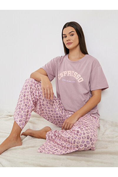 Styli Espresso Slogan Print Dropped Shoulder T-Shirt and Pyjama Set