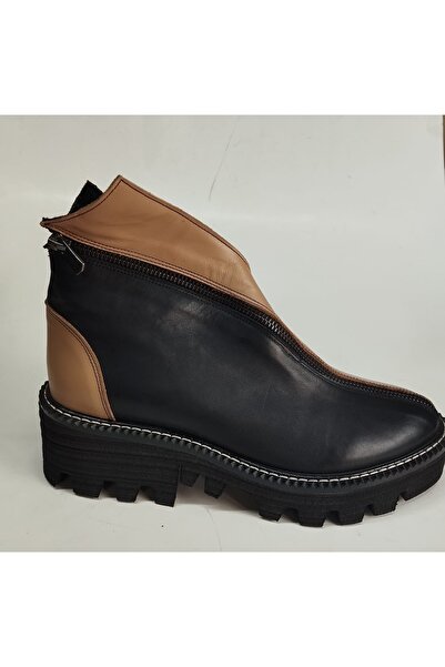 Lucciola حذاء نسائي من الجلد الطبيعي باللون الأسود والبني بقطع قماش مخيطة معا...