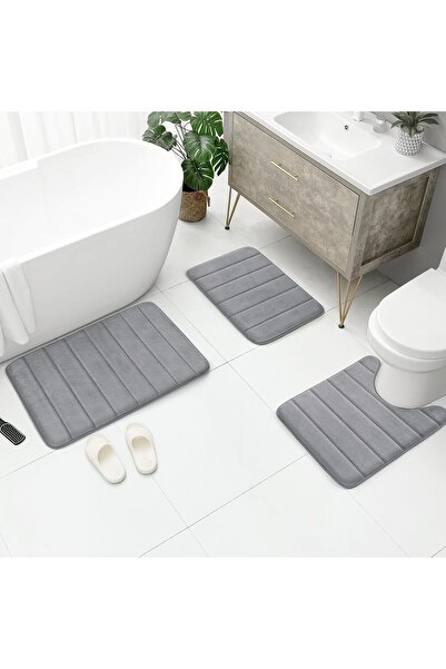 BYSURE Bathroom Rug Set Memory Foam Non-Slip Absorbent Machine Washable Grey, 3 Pieces