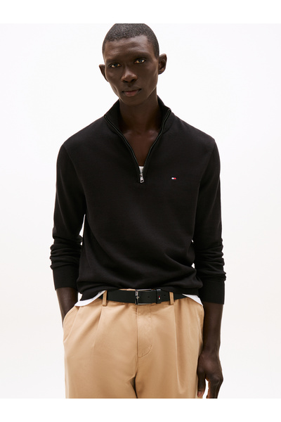 Tommy Hilfiger كنزة رجالية سوداء بسحاب ربعي ياقة مرتفعة متوسطة الطول وهمية
