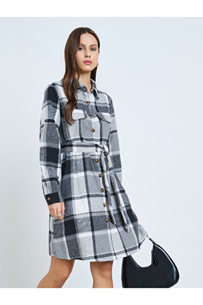 Take Two By Styli Checked Mini Shirt Dress with Belt
