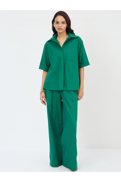 Femmella By Styli Women Green Cotton Shirt and Trousers Co-ords