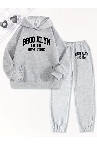 AEMİ Unisex Brooklyn Printed Hooded Sweatshirt and Jogger Sweatpants - Top and Bottom Set