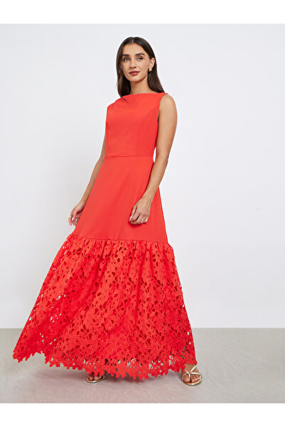 Styli Red Lace Hem Sleeveless A-Line Maxi Dress