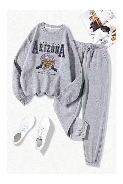 AEMİ Unisex Arizona Printed Gray Crew Neck Sweatshirt and Jogger Sweatpants - Bottom Top Set