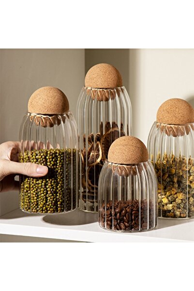 LeylArt Striped Glass Jar Set of 4 Spice Jar Set with Ball Cork Lids