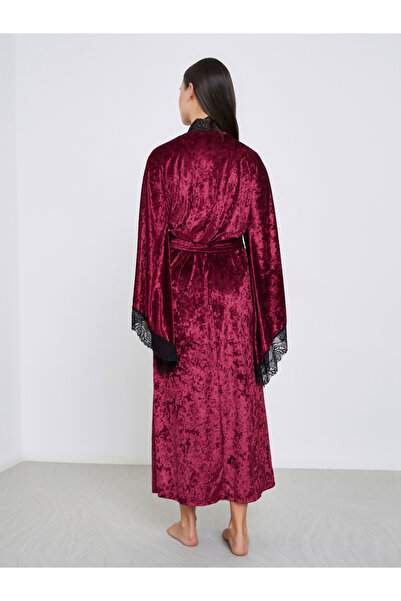 Styli Crushed Velvet Flared Sleeves Robe with Contrast Lace Trim