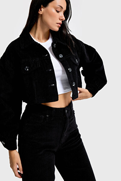 it's basic Women's Black Color 26W5-1 Crop Fit Buttoned Thick Corded Fabric Velvet Fabric Jacket