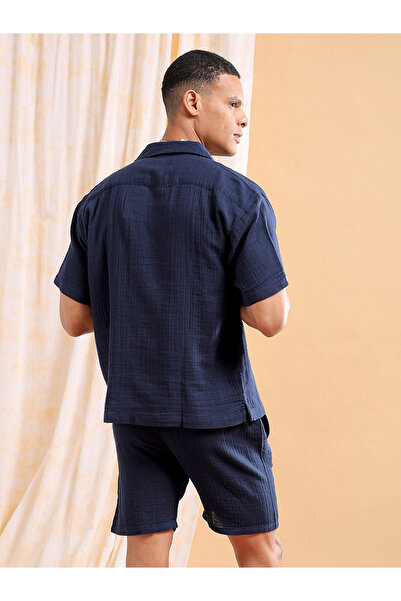 The Indian Garage Co By Styli Men Navy Solid Cotton Shirt and Shorts Set