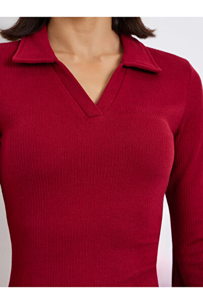 Styli Red Ribbed Midi Dress with Open Collar