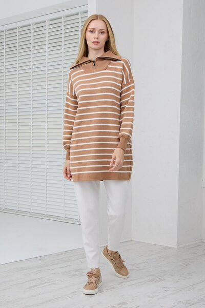 Moodbasic YENİ KADIN BALIKÇI YAKA ÇİZGİLİ TRİKO KAZAK MB30.33