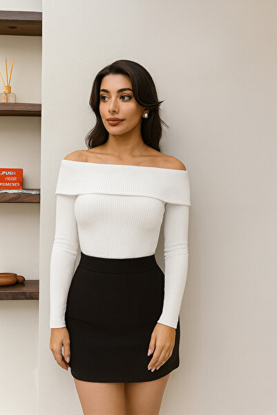 RAMİOR COLLECTION Omzu Light White Women's Knitwear Blouse – Flexible Fabric, Long Sleeves, Stylish Fit Model