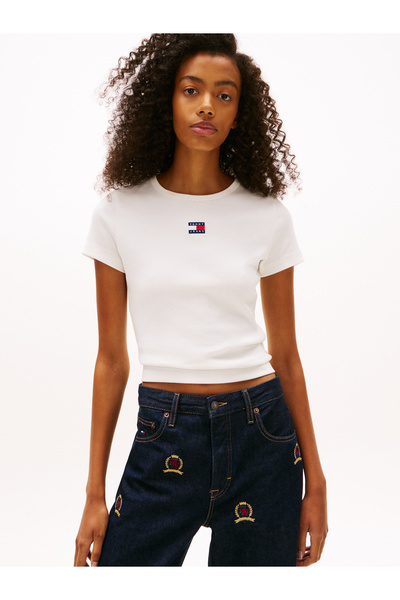 Tommy Hilfiger Women White Slim Badge Rib Crew Neck T-Shirt