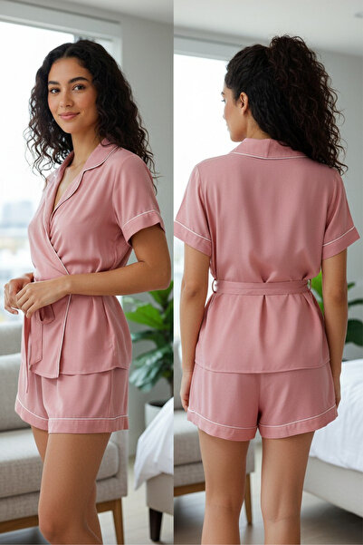 Laperissa Piped Detail Belted Viscose Shorts Home Wear Set – Dusty Rose